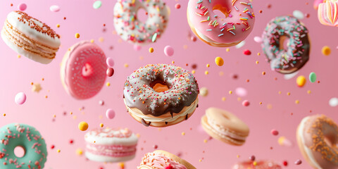 Donuts, cupcakes, cookies and macaroons flying over pastel background.