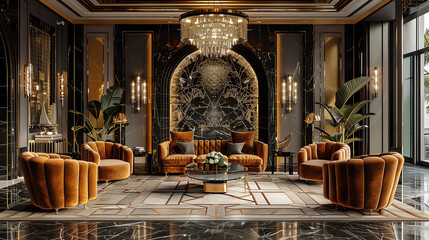 An opulent, art deco inspired living room with marble floors, velvet furniture, and crystal chandeliers © artitwpd