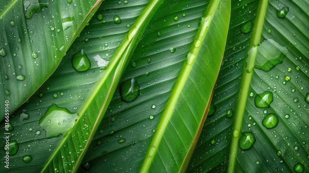 Sticker banana leaves adorned with dew drops make ideal nature backdrops