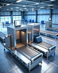Futuristic depiction of an airport security checkpoint, where advanced X-ray scanners effortlessly detect concealed weapons in luggage.