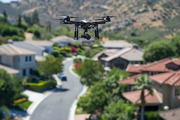 A drone soaring above the city against a blurred backdrop. A neighborhood with houses, gardens, and streets, showcasing the company's capability in offering swift and efficient delivery services.