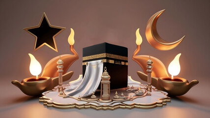 Unveiling the symbols of Eid al Adha, star and crescent, Kaaba, and oil lamps mockup template