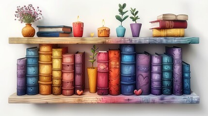 A shelf full of colorful books and vases with candles on it