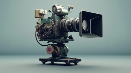  A classic cinema camera positioned in a vintage workshop setting, highlighting its detailed construction.