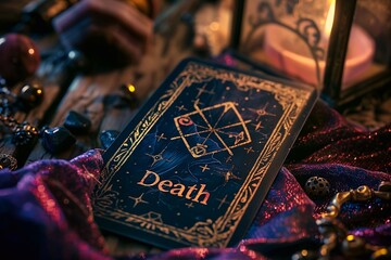 Death Tarot card with symbols of change and transformation. Dark fabrics and precious stones that create a dramatic and atmospheric scene.