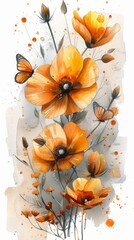A painting of a bouquet of flowers with butterflies in the background