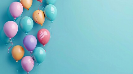 Light blue background with pink and orange balloons. A group of festive balloons in pastel colors on a soft background. Wide-angle festive web banner with copy space for birthday.