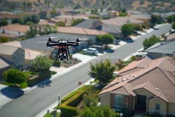 A drone hovering over the city against a blurred backdrop. A residential neighborhood featuring houses, gardens, and streets.