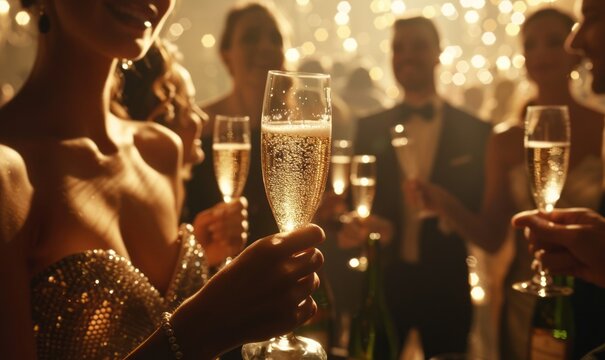  a group of elegantly dressed people celebrating with champagne in a luxurious setting. The atmosphere is festive and glamorous, with sparkling lights and a sophisticated ambiance.