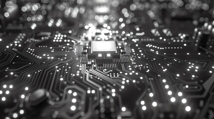 Obraz premium IT system security front view close up of a secure network hub on a circuit board to showcase cybersecurity measures digital tone black and white
