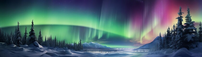 a beautiful winter landscape with a colorful aurora borealis in the night sky.
