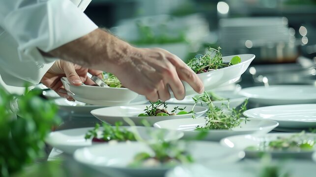 A chef carefully garnishes a plate of food in a restaurant kitchen.