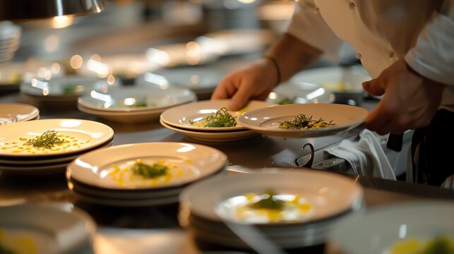 A chef carefully plating a dish in a restaurant kitchen