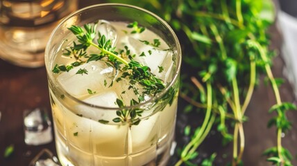 Elegant cocktail garnished with fresh herbs, super realistic