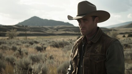 A lone cowboy on horseback rides through a vast, open field under a cloudy sky.