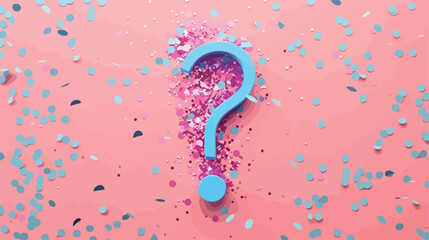 Question mark made of blue confetti on pink background