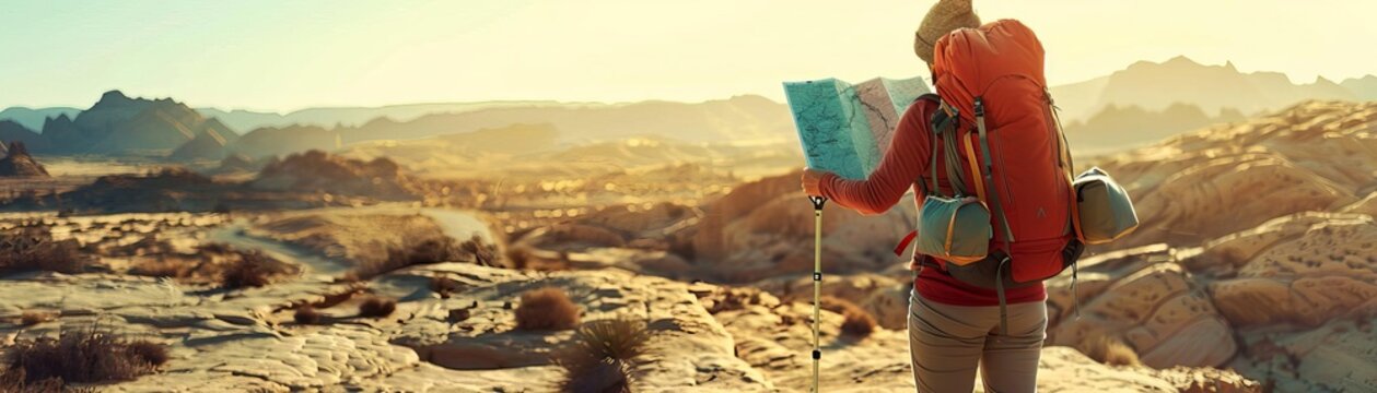 Backpacker pausing to consult a map, with a vast desert expanse ahead, backpack brimming with supplies, vivid style