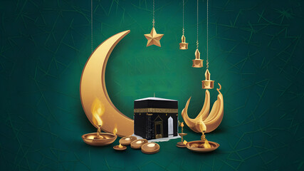 Unveiling the symbols of Eid al Adha, star and crescent, Kaaba, and oil lamps mockup template