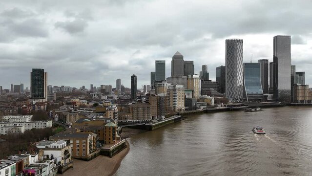 Pull back drone aerial reverse reveal drone,aerial  Limehouse London UK