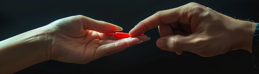 Hand offering a HAPPINESS pill to another hand, symbolizing support and care, highspeed macro style