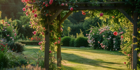 Fototapeta premium Lush well-maintained summer garden with an arbor covered in climbing roses in evening light.