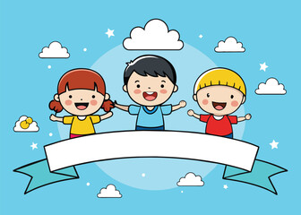Horizontal banners World Children’s day with happy kids on the cloud.