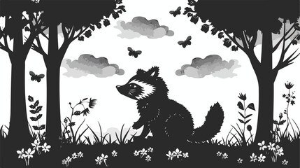 Obraz premium Raccoon cartoon in outdoor scene with trees and cloud