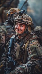Fototapeta premium Soldier in uniform smiling warmly during a video call home, surrounded by military equipment, vivid style