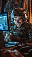 Fototapeta premium Soldier in uniform smiling warmly during a video call home, surrounded by military equipment, vivid style