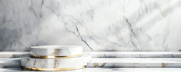 3D rendering of a white marble podium with golden elements.