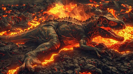 A lava dinosaur emerges from the midst of manipulated lava in the photo 