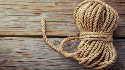 Obraz premium Light brown nylon rope bundle on a wooden table