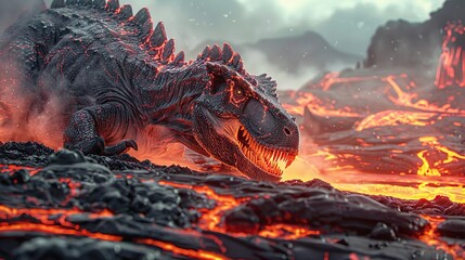 A lava dinosaur emerges from the midst of manipulated lava in the photo 