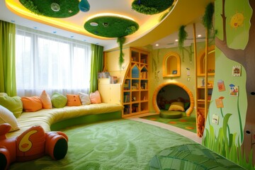 Vibrant and colorful children's playroom interior design with playful nature theme, whimsical furniture, and educational toys for a cheerful and comfortable learning environment