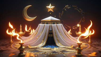 Unveiling the symbols of Eid al Adha, star and crescent, Kaaba, and oil lamps mockup template