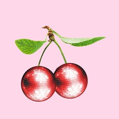 Modern retro collage of disco balls cherries