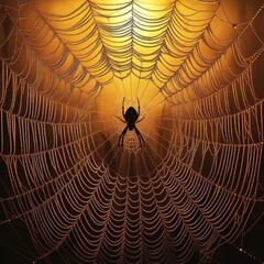 Fototapeta premium Morning dew adorns a spider's web, creating a glistening masterpiece of nature as the first light illuminates the delicate strands.. AI Generation