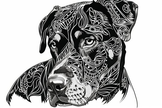 Detailed black and white intricate canine mandala artwork with zentangle design and illustration for dog lovers and petinspired tattoo ideas