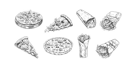 Hand-drawn sketch of pizza and burritos set. Different types of pizza and burrito. Vintage illustration. Element for the design of labels, packaging and postcards.