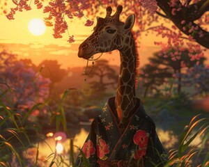 A giraffe elegantly dressed in a kimono