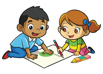 Little boy and girl drawing pictures with color pencils on a paper laying on floor
