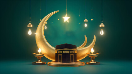 Unveiling the symbols of Eid al Adha, star and crescent, Kaaba, and oil lamps mockup template