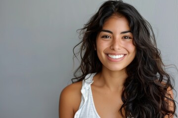 Fototapeta premium Smiling Young Woman with Long Hair Against Grey Background 