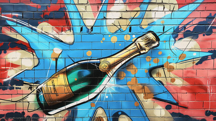 Pop art comic street graffiti with a champagne on a brick wall. Retro poster concept.	