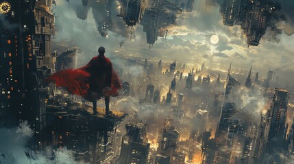 A man in a red cape stands on a rooftop overlooking a steampunk city. The city is full of tall...