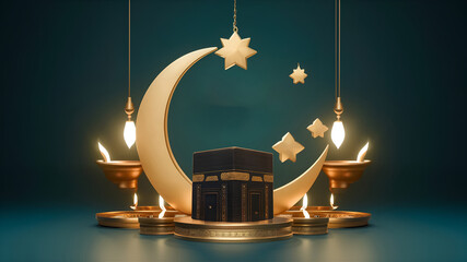 Unveiling the symbols of Eid al Adha, star and crescent, Kaaba, and oil lamps mockup template