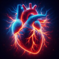 Digital artwork of an anatomically accurate human heart with electric blue currents and red highlights, depicting the organ's power.. AI Generation