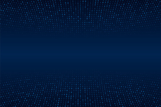 Blue random digital data matrix of binary code numbers isolated on a dark gradient background with a copy text space in the middle. Technology, coding, or big data concept. Vector illustration