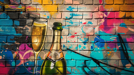 Pop art comic street graffiti with a champagne on a brick wall. Retro poster concept.	