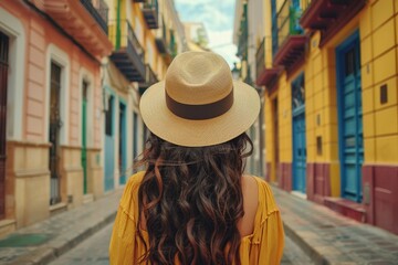 Young backpacker exploring charming old town streets of spain, solo travel adventure